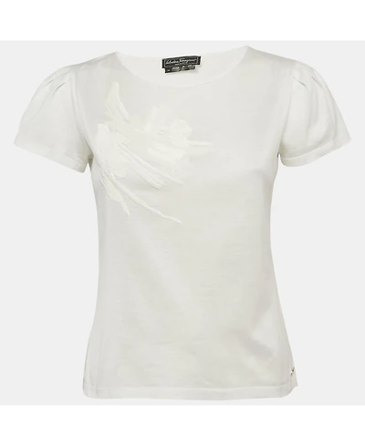 Pre-Owned Salvatore Ferragamo Women's White Sequin Embellished Jersey T-Shirt