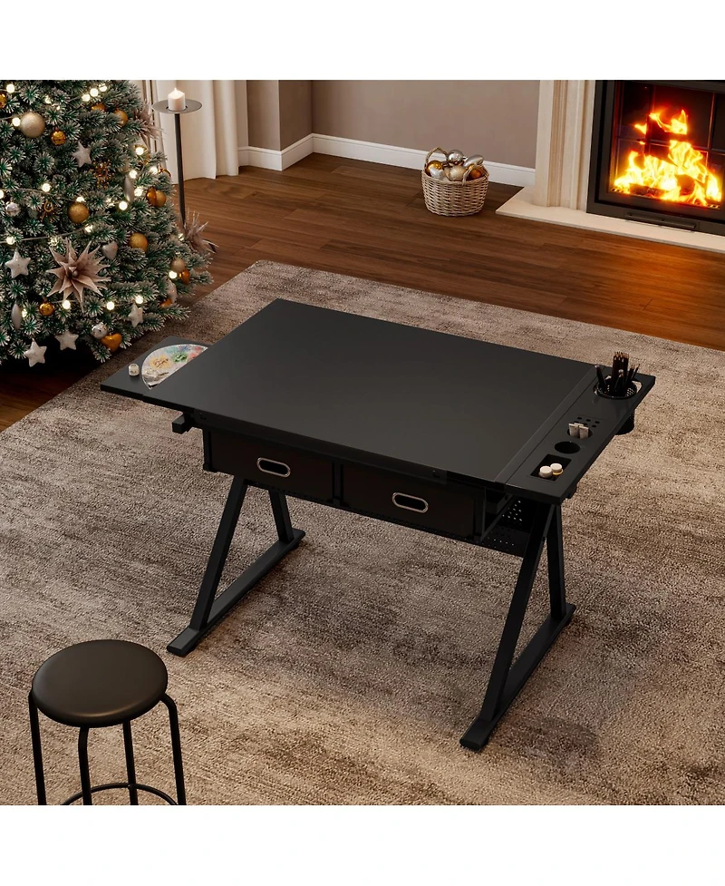 Streamdale Furniture Adjustable Drawing Drafting Table Desk with 2 Drawers & Stool (Black)