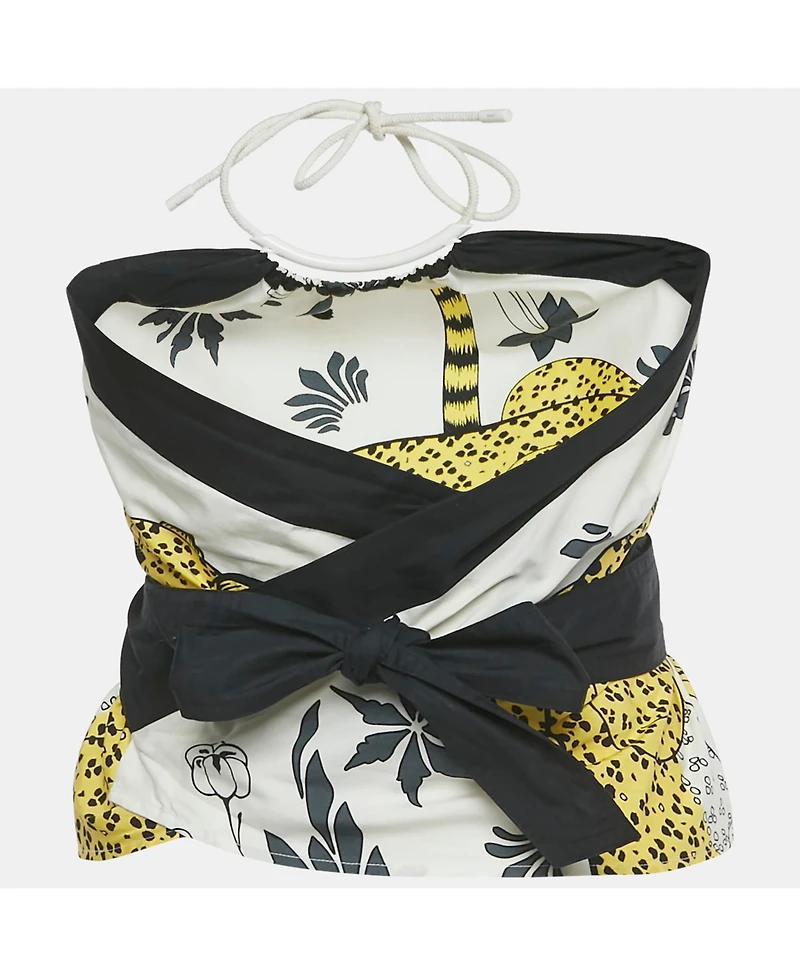 Pre-Owned Hermes Women's White/yellow Leopard Print Cotton Halter Neck Scarf Top