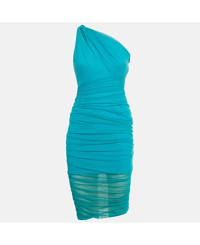 Pre-Owned Versace Women's Blue Tulle Ruche One-Shoulder Midi Dress