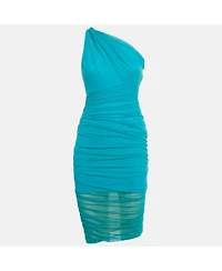 Pre-Owned Versace Women's Blue Tulle Ruche One-Shoulder Midi Dress