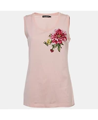 Pre-Owned Dolce & Gabbana Women's Pink Floral Embroidered Jersey Tank Top