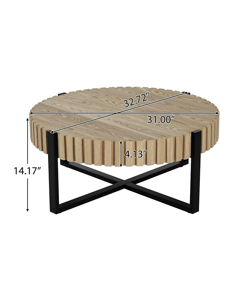 Streamdale Furniture Round Handcraft Drum Coffee Table with Gear Design & Cross Metal Base, 31.5" Modern Compact Table