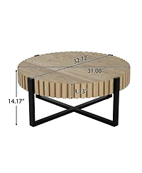 Streamdale Furniture Round Handcraft Drum Coffee Table with Gear Design & Cross Metal Base, 31.5" Modern Compact Table