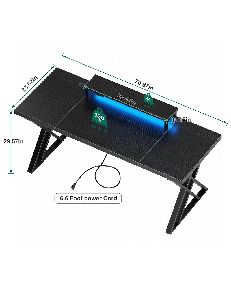 Streamdale Furniture Gaming Desk with Usb Charging, Led Lights & Monitor Riser