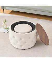Streamdale Furniture Luxurious Velvet Nesting Ottomans (Set of 2) - 4-in-1 Storage, Wood Tray, Beige