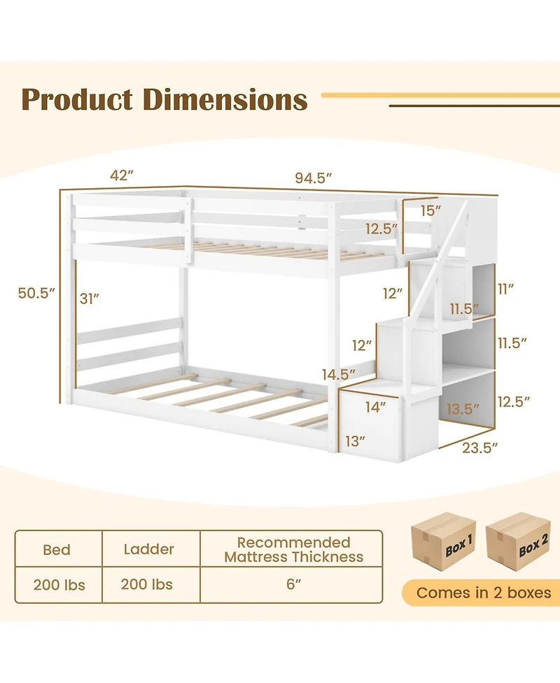 Costway Twin Over Twin Low Bunk Bed Solid Wood Floor Bunk Bed Frame with Storage Stairs