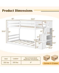 Costway Twin Over Twin Low Bunk Bed Solid Wood Floor Bunk Bed Frame with Storage Stairs