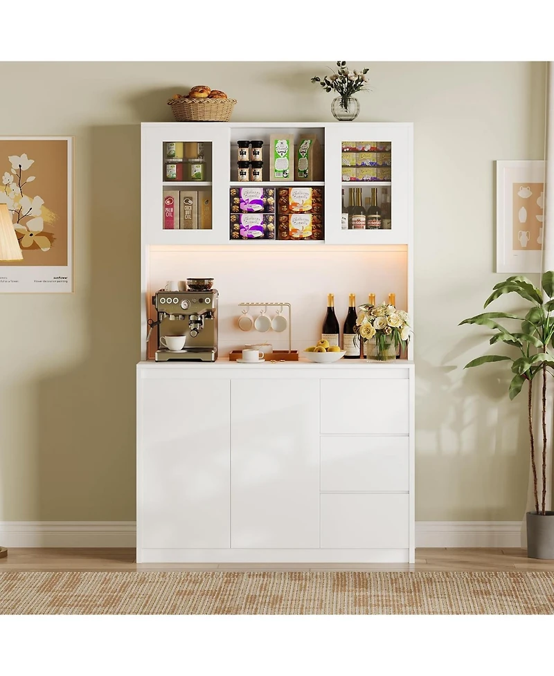 gaomon Kitchen Pantry Cabinet with Charging Station, Tall Storage Cabinet with Countertop, Drawers and Glass Doors