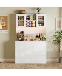gaomon Kitchen Pantry Cabinet with Charging Station, Tall Storage Cabinet with Countertop, Drawers and Glass Doors