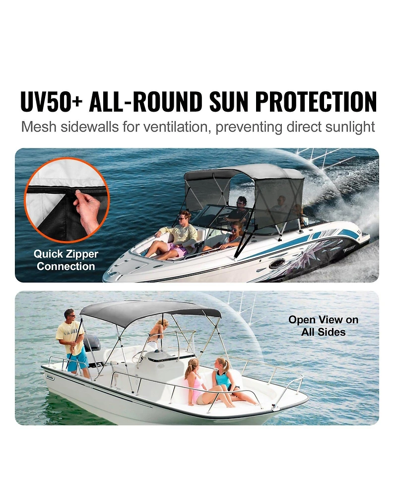 Mecale 3 Bow Bimini Top Boat Cover, 600D Polyester Canopy with Mesh Sidewalls, 1" Aluminum Frame, Storage Boot, Light Grey