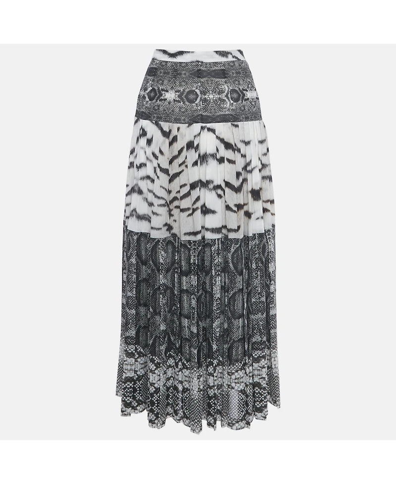 Pre-Owned Roberto Cavalli Women's Grey Printed Silk Maxi Skirt