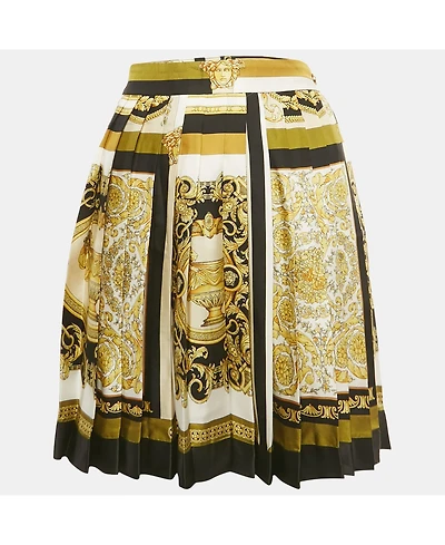 Pre-Owned Versace Women's Yellow/black Barocco Print Silk Pleated Mini Skirt