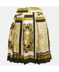 Pre-Owned Versace Women's Yellow/black Barocco Print Silk Pleated Mini Skirt
