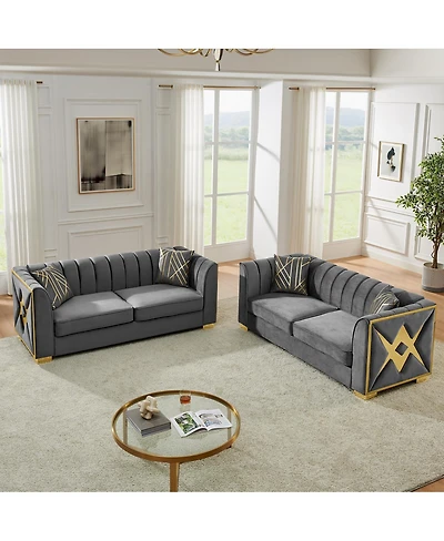 Streamdale Furniture Streamdale Velvet Button Tufted Sofa Couch with 2 Pillows, 3 Seater Chesterfield Sofa Set, Gray