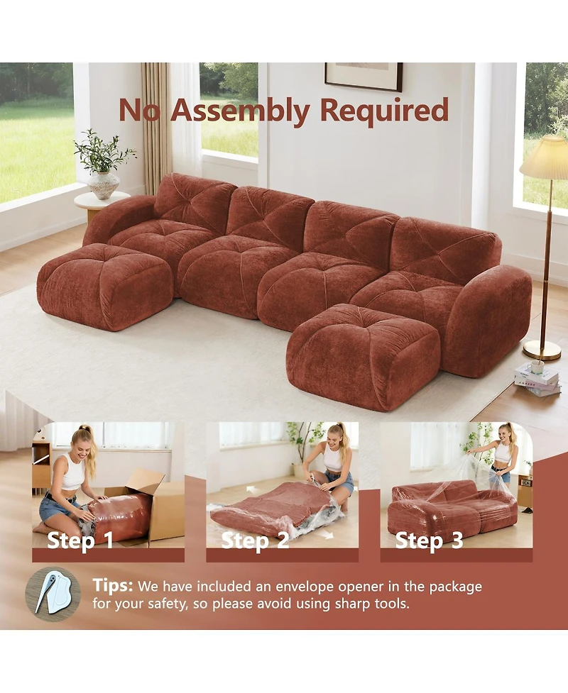 Streamdale Furniture U-Shaped Boneless Sofa, Tufted, 32D Sponge, Anti-Slip, Red Brown