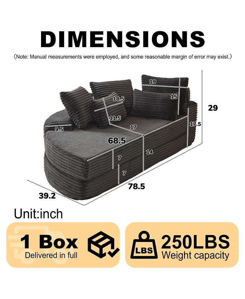 Streamdale Furniture 78.5-Inch Corduroy Semi-Circular 2-in-1 Sofa Bed with Neck Pillow & 5 Throw Pillows