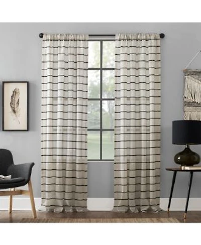 Clean Window Twill Stripe Anti Dust Linen Blend Sheer Cafe Curtain Pair