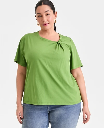 I.n.c. International Concepts Plus Cotton Short-Sleeve Knot Top, Created for Macy's