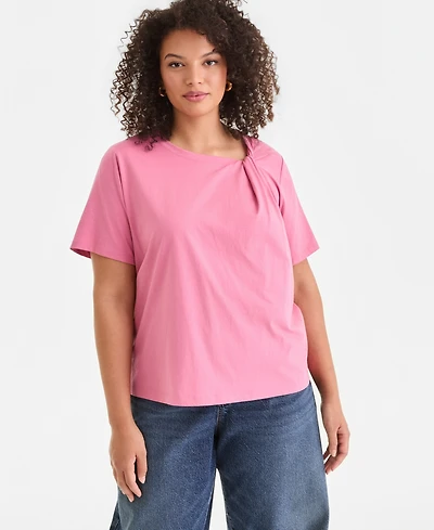 I.n.c. International Concepts Plus Cotton Short-Sleeve Knot Top, Created for Macy's