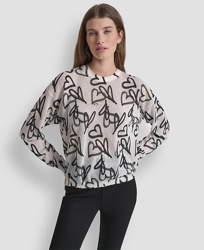 Dkny Women's Long-Sleeve Printed Crew Neck Sweater
