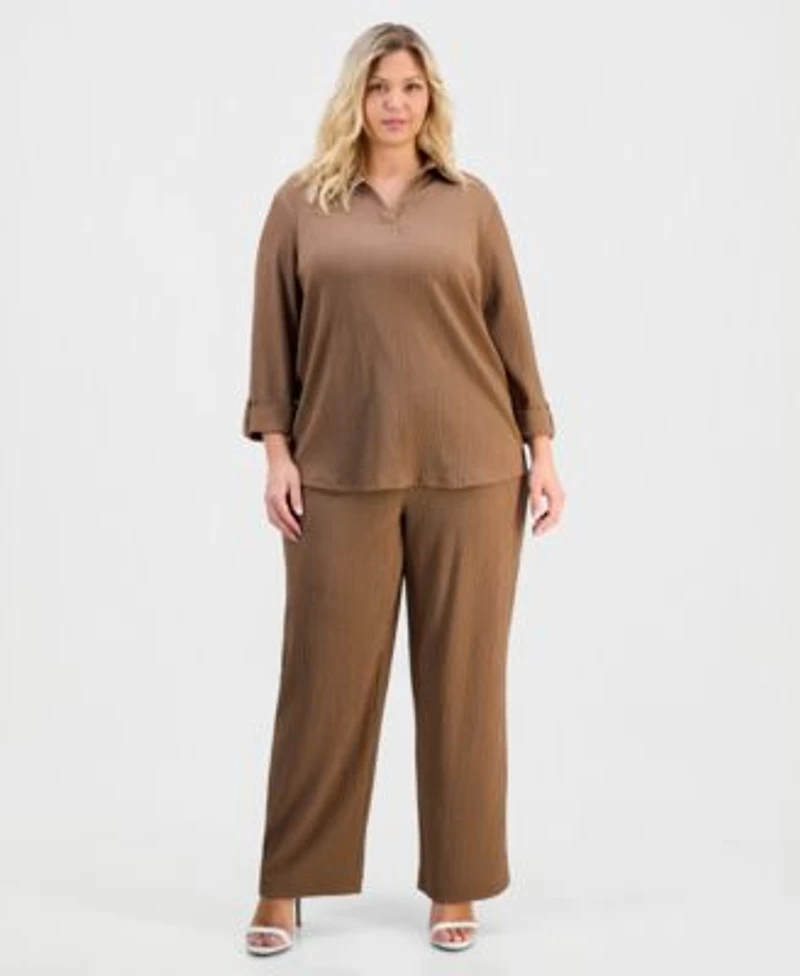 Ak Anne Klein Spread Collar Knit Top Pull On Wide Leg Pants