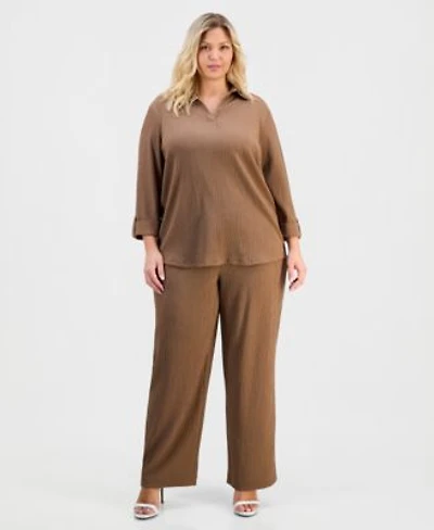 Ak Anne Klein Spread Collar Knit Top Pull On Wide Leg Pants