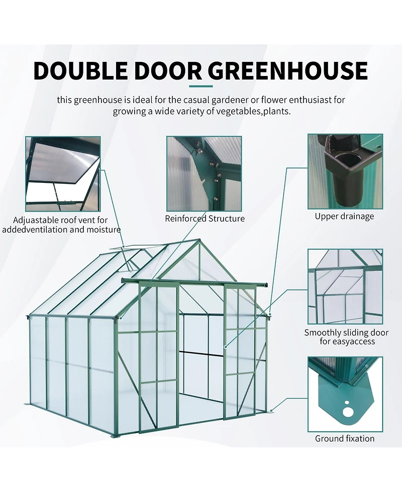 Mondawe 8x8FT Aluminum Double Door Polycarbonate Greenhouse with Raised Base and Anchor
