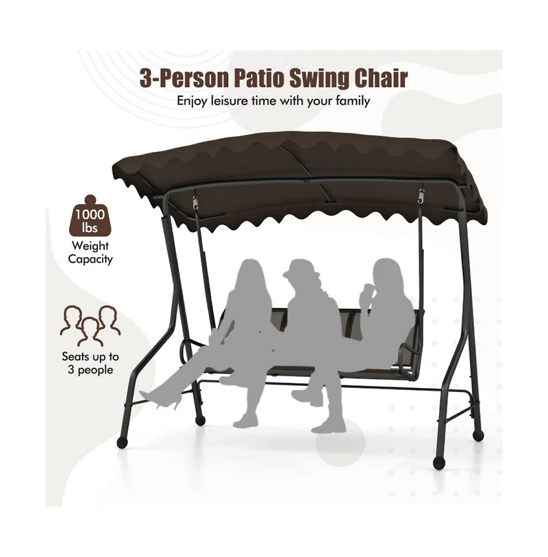 3-Seat Outdoor Porch Canopy Swing with Adjustable Shading