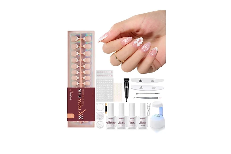 Beetles X Press Short Almond French Tip Press-On Nails Gel Kit with Uv Light (224 pcs)