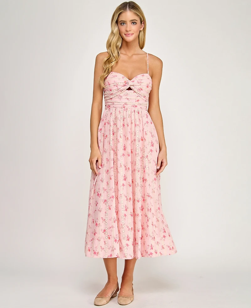 City Studios Juniors' Floral Embroidered Twist-Front Midi Dress