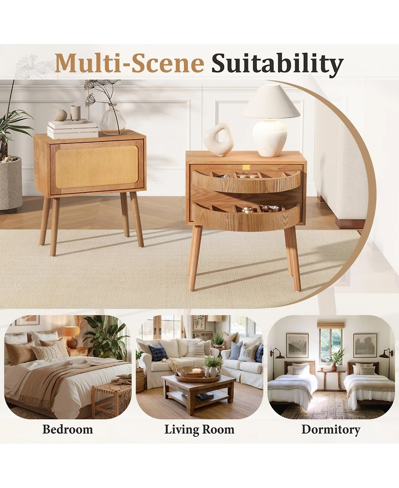Rainsken Rotating Hidden Compartment Nightstands, Mid Century Rattan Bedside Table with Flip Drawer and Wood Legs for Living Room
