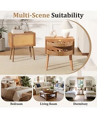 Rainsken Rotating Hidden Compartment Nightstands, Mid Century Rattan Bedside Table with Flip Drawer and Wood Legs for Living Room