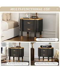 Rainsken 2 Drawers Nightstand with Curved Profile Design, Bedside Table with Metal Feather-Shaped Handles