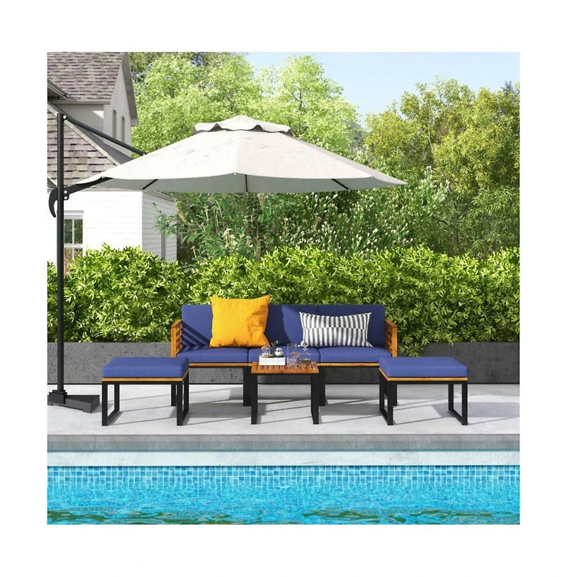 Mondawe Lucky One 6 Piece Patio Acacia Wood Conversation Sofa Set with Ottomans and Coffee Table