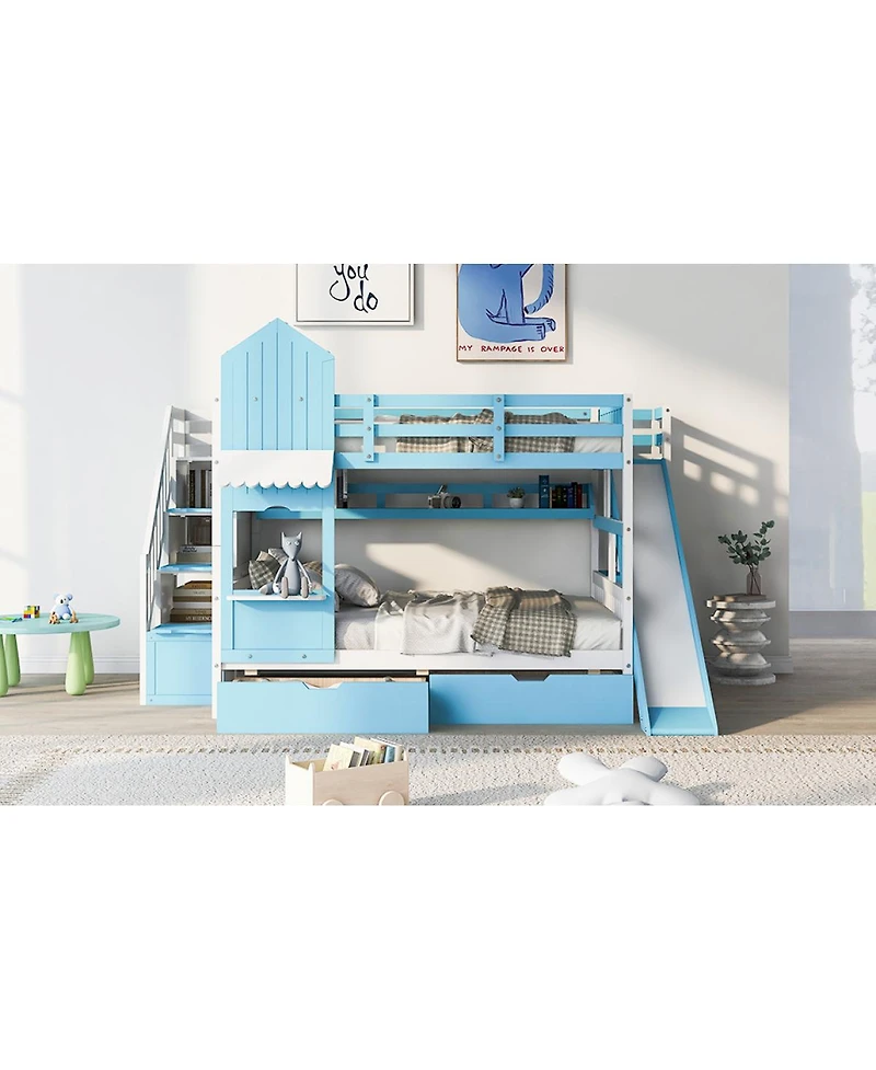 Streamdale Furniture Full-Over-Full Castle Style Bunk Bed with 2 Drawers 3 Shelves and Slide