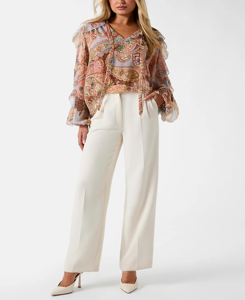 Guess Women's Paisley Ruffle Long-Sleeve V-Neck Top