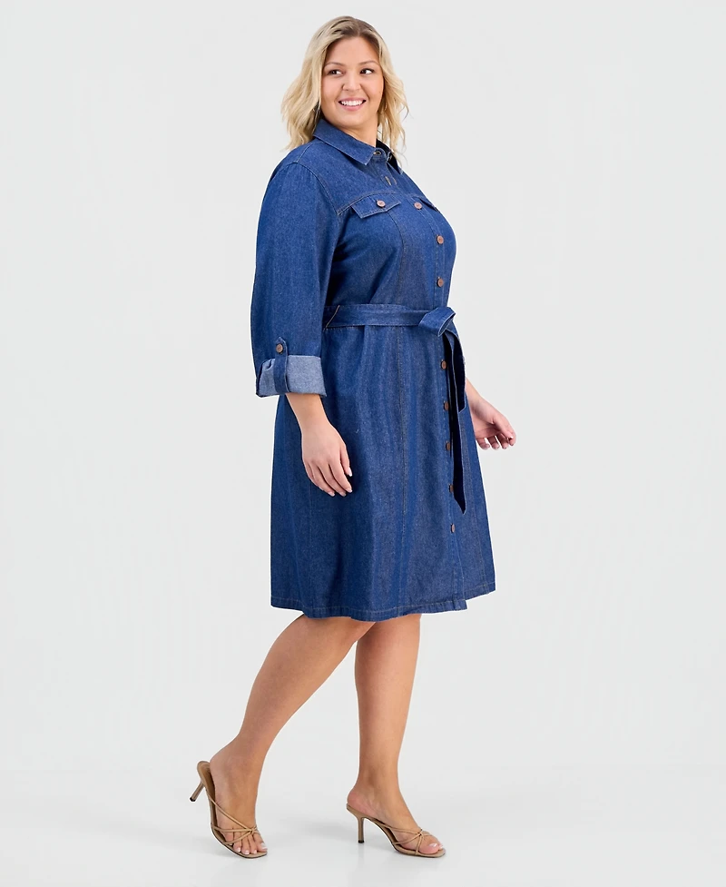 Jones New York Plus Cotton Tie-Waist Chambray Dress