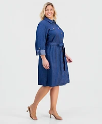 Jones New York Plus Cotton Tie-Waist Chambray Dress
