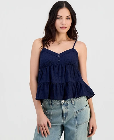 Madden Girl Juniors' V-Neck Cotton Eyelet Babydoll Tiered Top