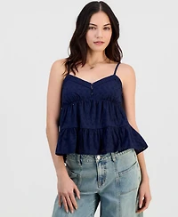 Madden Girl Juniors' V-Neck Cotton Eyelet Babydoll Tiered Top