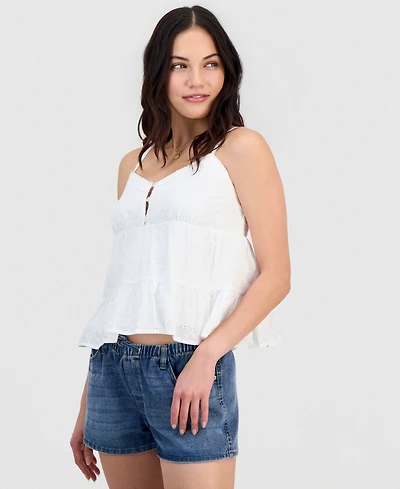 Madden Girl Juniors' V-Neck Cotton Eyelet Babydoll Tiered Top