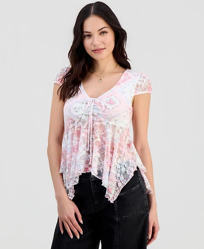 Madden Girl Juniors Lace Hanky-Hem Top