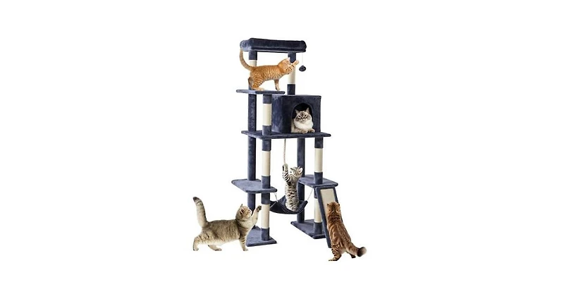 Zeus & Ruta 63in Cat Tree Tower: Large Multi-Story, Sisal Posts, Extended Platform, Hammock