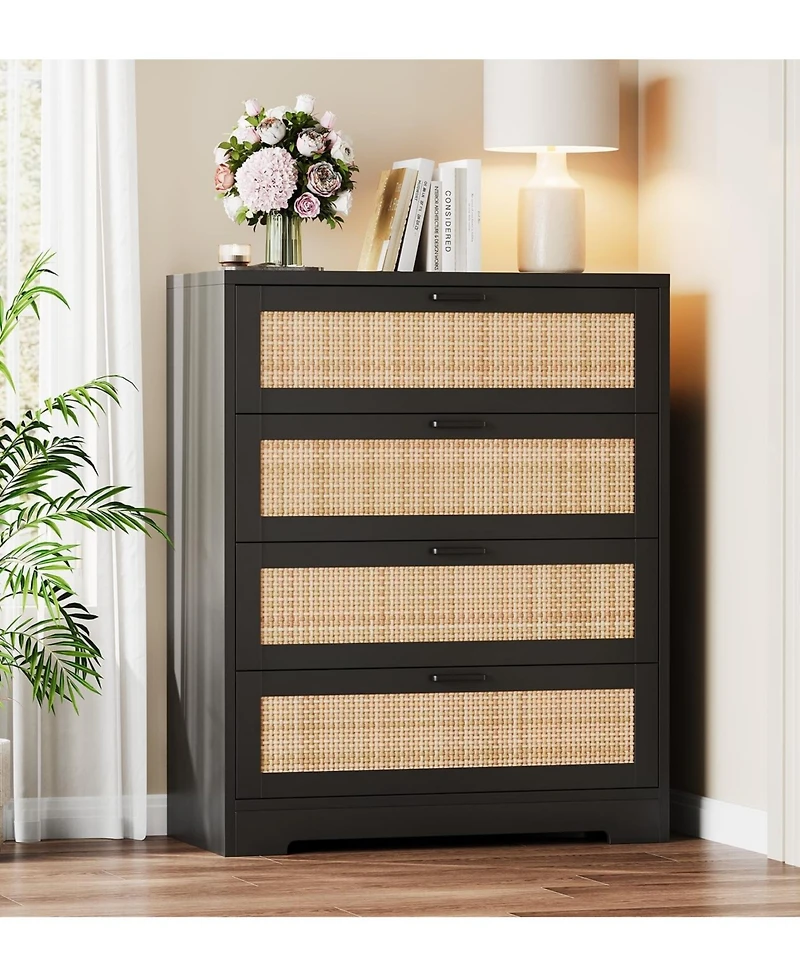 gaomon 4 Drawer Dresser for Bedroom, Rattan Chest of Dressers, Modern Wood Tall Dresser with Power Outlets, Drawer Organizer Unit