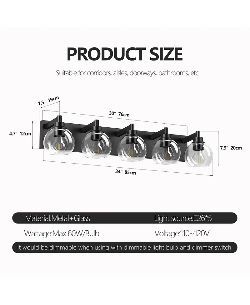 Busdays Bathroom Light Fixtures Over Mirror 5-Lights Vanity Light with Clear Globe Glass Shade Black Wall Sconce Vanity Lighting (Bulbs Not Included