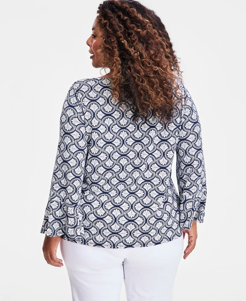 Jm Collection Plus Winding Leaves Flare Sleeve Boat Neck Top
