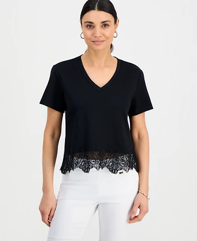 I.n.c. International Concepts Petite Lace-Hem V-Neck Tee, Created for Macy's