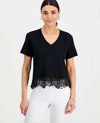 I.n.c. International Concepts Petite Lace-Hem V-Neck Tee, Created for Macy's
