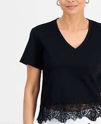 I.n.c. International Concepts Petite Lace-Hem V-Neck Tee, Created for Macy's